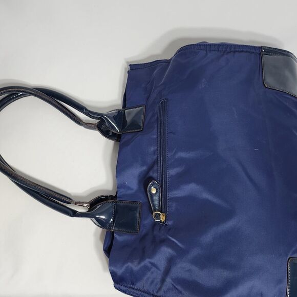 Tory Burch Ella Nylon Tote Navy Blue Patent Trim Logo Large Shoulder Bag Purse - Picture 15 of 16